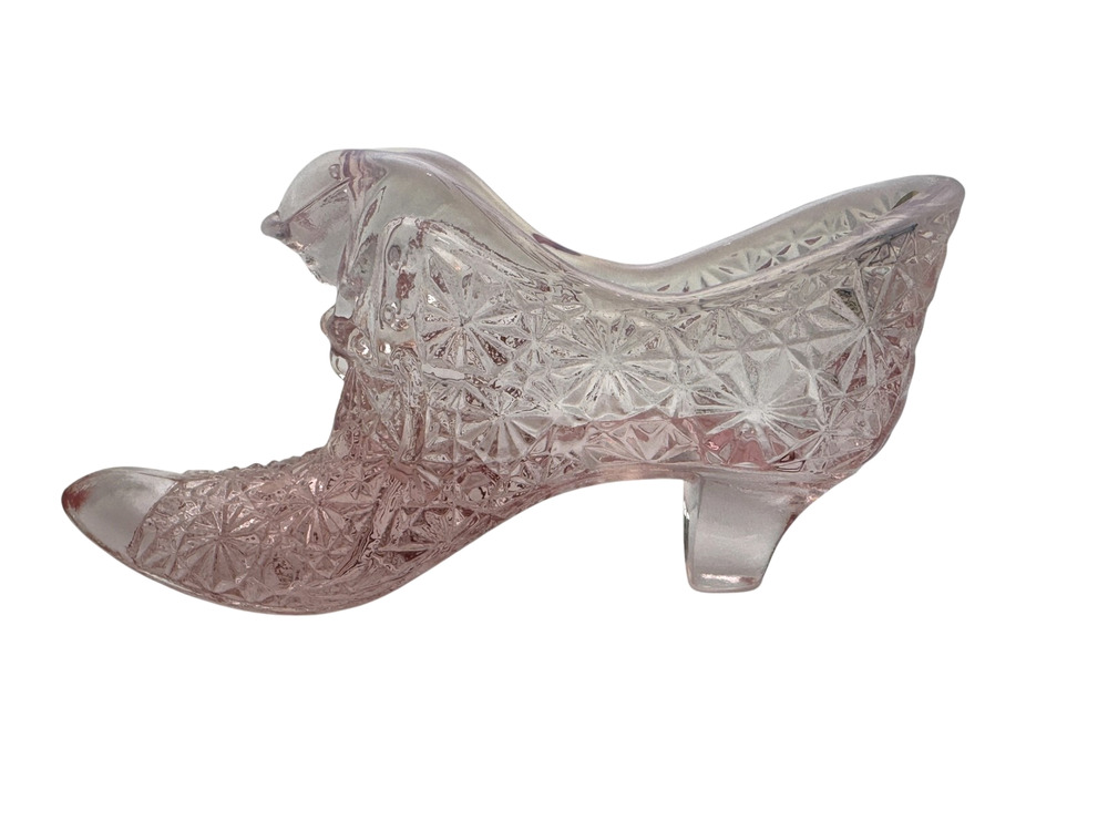 Vintage Fenton Pink Glass Shoe Slipper Daisy and Button Cat Head High Heel